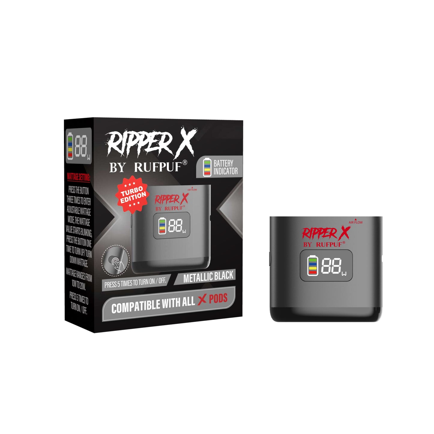 RUFPUF RIPPER X  METALLIC BLACK BATTERY RED LOGO